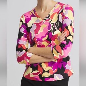 Chico's Pink, Yellow Black Red Yellow Floral V‑Neck Long Sleeve Top